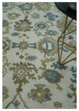 Custom Made Traditional Ivory and Charcoal Hand knotted Oushak Wool Area Rug