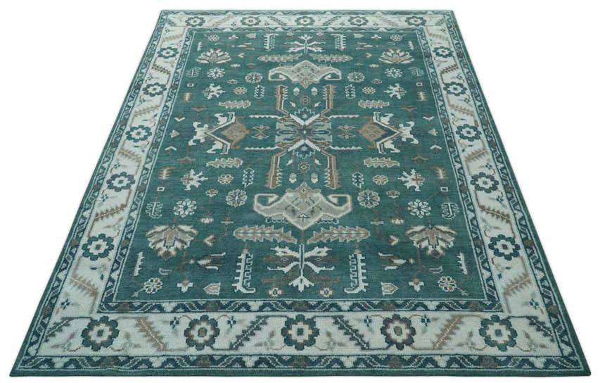 Custom Made Traditional Mamluk Design Teal, Ivory and Brown Hand Knotted wool Area Rug