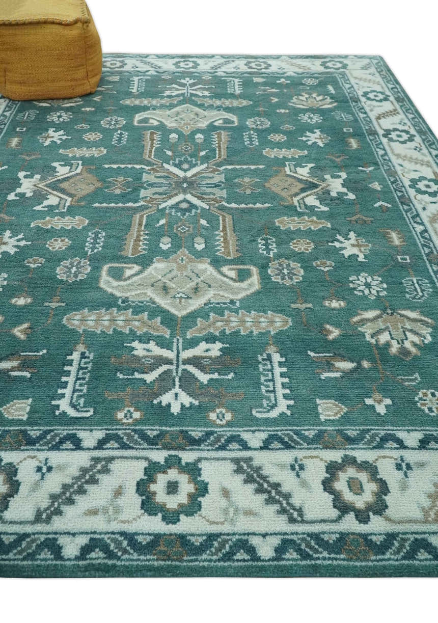 Custom Made Traditional Mamluk Design Teal, Ivory and Brown Hand Knotted wool Area Rug