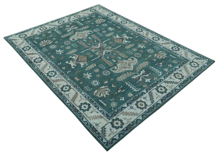 Custom Made Traditional Mamluk Design Teal, Ivory and Brown Hand Knotted wool Area Rug