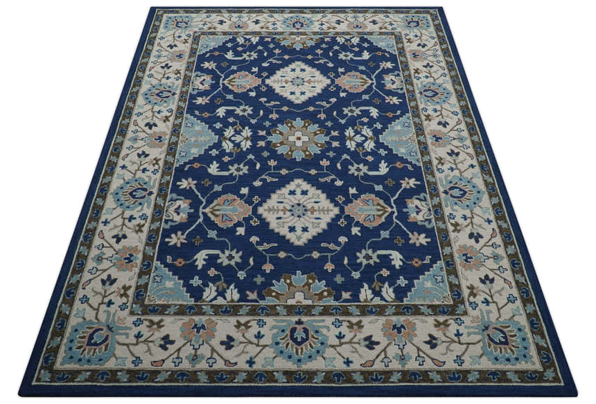 Custom Made Traditional Oriental Design Blue And Beige Hand-Tufted Wool Area Rug
