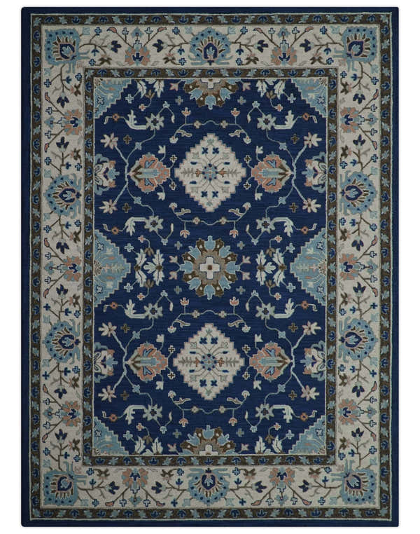 Custom Made Traditional Oriental Design Blue And Beige Hand-Tufted Wool Area Rug