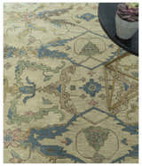 Custom Made Traditional Oushak Design Beige And Blue Hand Tufted Wool Area Rug