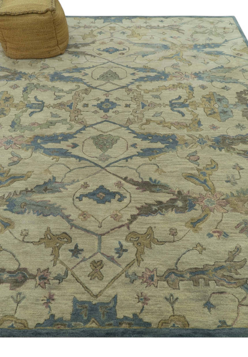 Custom Made Traditional Oushak Design Beige And Blue Hand Tufted Wool Area Rug