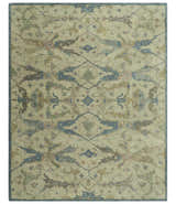 Custom Made Traditional Oushak Design Beige And Blue Hand Tufted Wool Area Rug