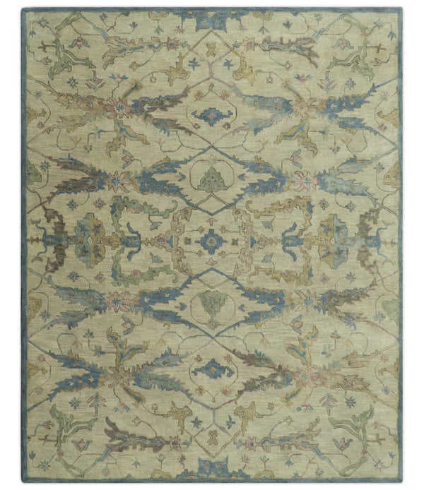 Custom Made Traditional Oushak Design Beige And Blue Hand Tufted Wool Area Rug