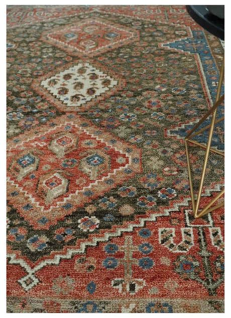 Custom made Traditional Vintage Style Green, Rust and Ivory Turkish design wool Area Rug