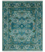 Custom Made Transitional Aqua and Ivory Hand Knotted Antique Style Traditional Wool Rug