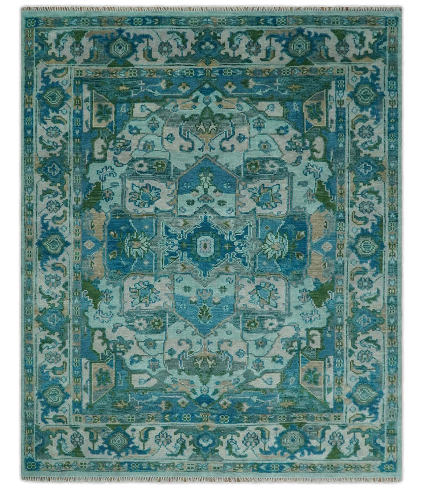Custom Made Transitional Aqua and Ivory Hand Knotted Antique Style Traditional Wool Rug