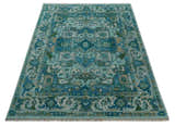 Custom Made Transitional Aqua and Ivory Hand Knotted Antique Style Traditional Wool Rug