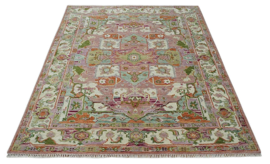 Custom Made Transitional Pink, Green and Ivory Turkish Design wool Area Rug