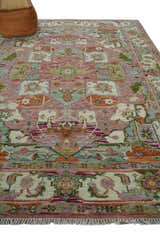 Custom Made Transitional Pink, Green and Ivory Turkish Design wool Area Rug