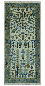 Custom Made Tree of life Hand Knotted Antique Ivory, Blue and Gray Traditional Oushak Wool area Rug