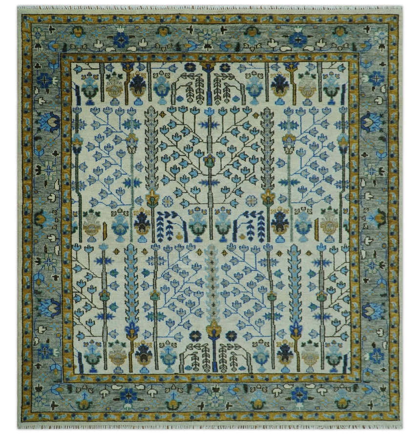Custom Made Tree of life Hand Knotted Antique Ivory, Blue and Gray Traditional Oushak Wool area Rug