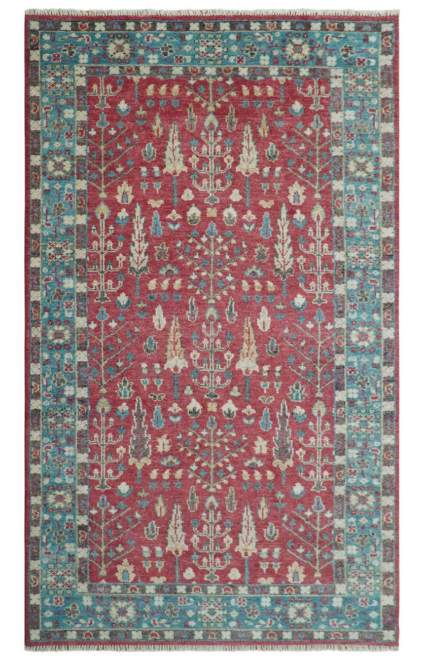 Custom Made Tree of Life Hand Knotted Maroon and Blue Traditional Wool area Rug