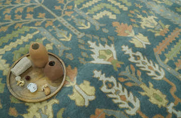 Custom Made Tree of life Traditional Teal, Silver, Green and Dark Peach wool Rug