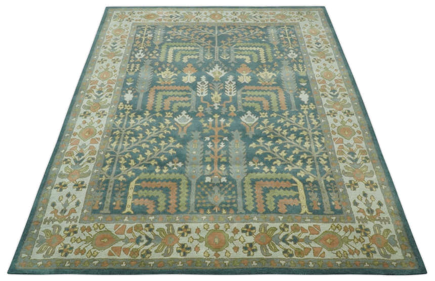 Custom Made Tree of life Traditional Teal, Silver, Green and Dark Peach wool Rug