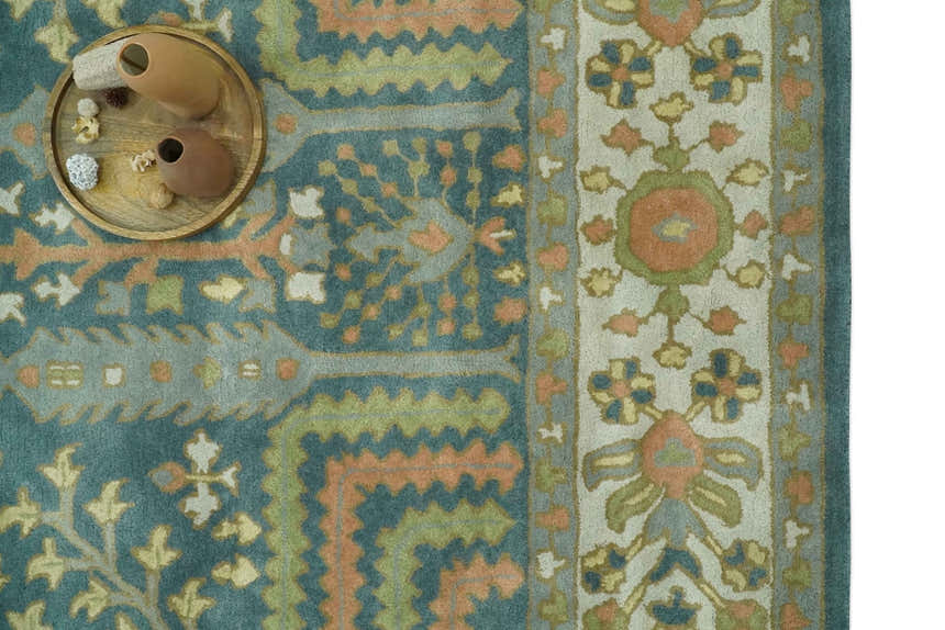 Custom Made Tree of life Traditional Teal, Silver, Green and Dark Peach wool Rug