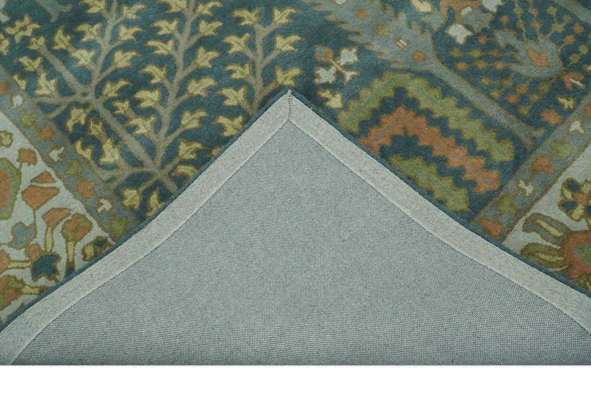 Custom Made Tree of life Traditional Teal, Silver, Green and Dark Peach wool Rug