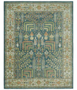 Custom Made Tree of life Traditional Teal, Silver, Green and Dark Peach wool Rug