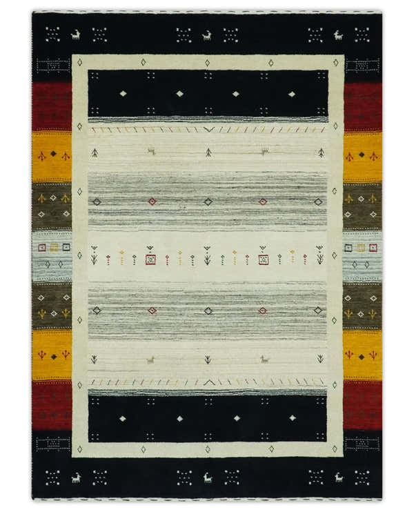 Custom Made Tribal Gabbeh Ivory, Black, Gold and Maroon Stripes design Traditional Wool Area Rug