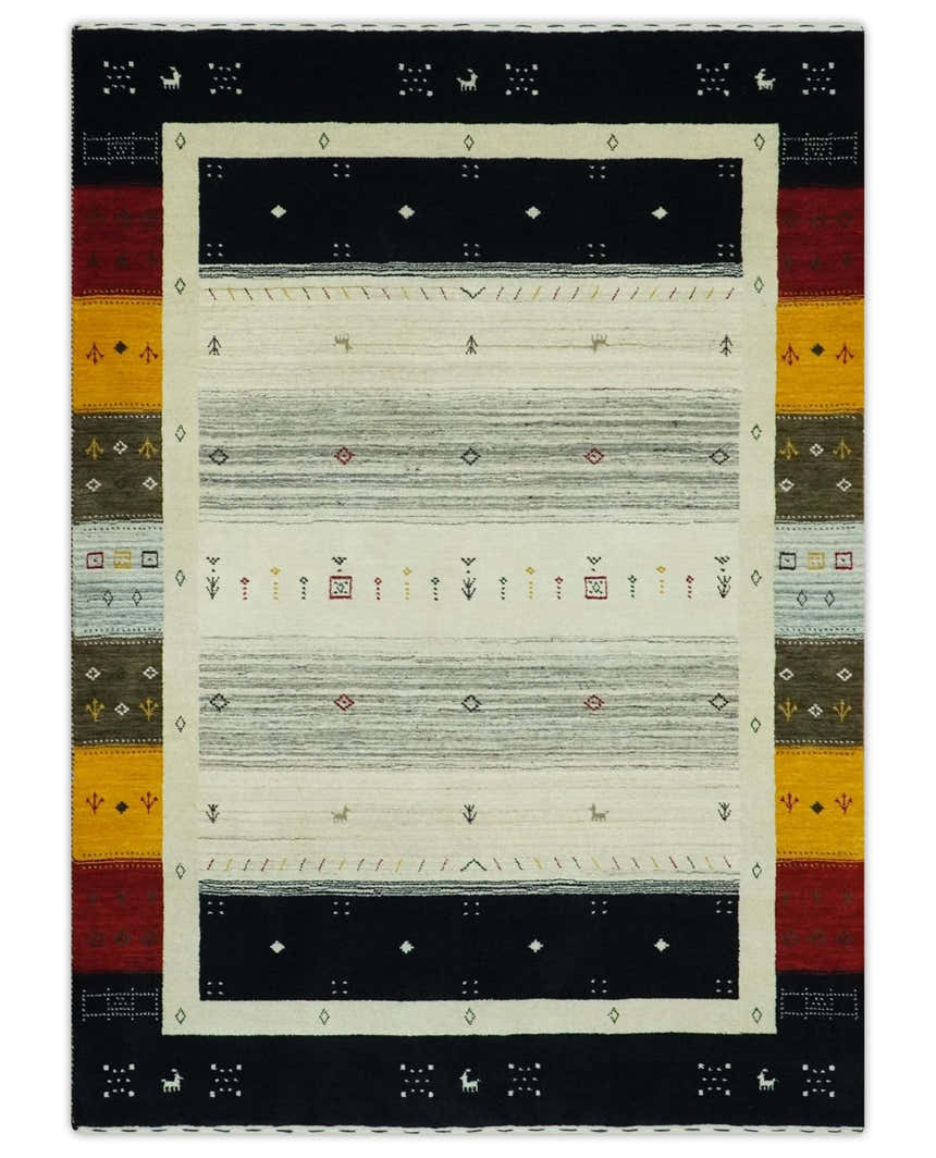 Custom Made Tribal Gabbeh Ivory, Black, Gold and Maroon Stripes design Traditional Wool Area Rug