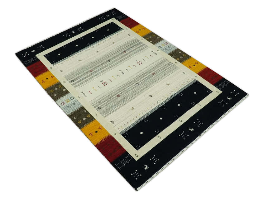 Custom Made Tribal Gabbeh Ivory, Black, Gold and Maroon Stripes design Traditional Wool Area Rug