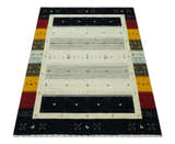 Custom Made Tribal Gabbeh Ivory, Black, Gold and Maroon Stripes design Traditional Wool Area Rug