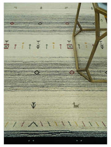 Custom Made Tribal Gabbeh Ivory, Black, Gold and Maroon Stripes design Traditional Wool Area Rug