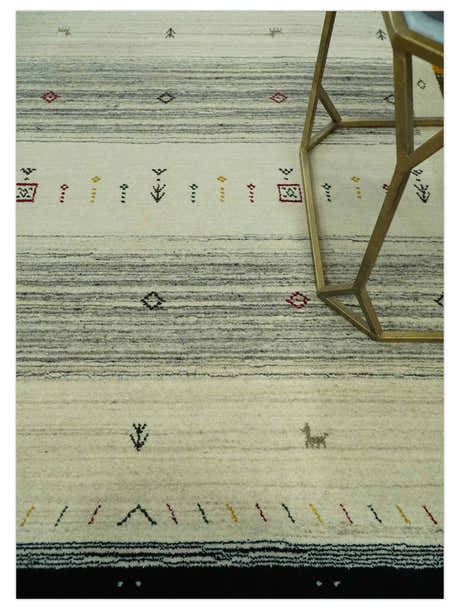 Custom Made Tribal Gabbeh Ivory, Black, Gold and Maroon Stripes design Traditional Wool Area Rug