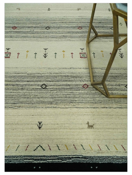 Custom Made Tribal Gabbeh Ivory, Black, Gold and Maroon Stripes design Traditional Wool Area Rug