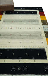 Custom Made Tribal Gabbeh Ivory, Black, Gold and Maroon Stripes design Traditional Wool Area Rug