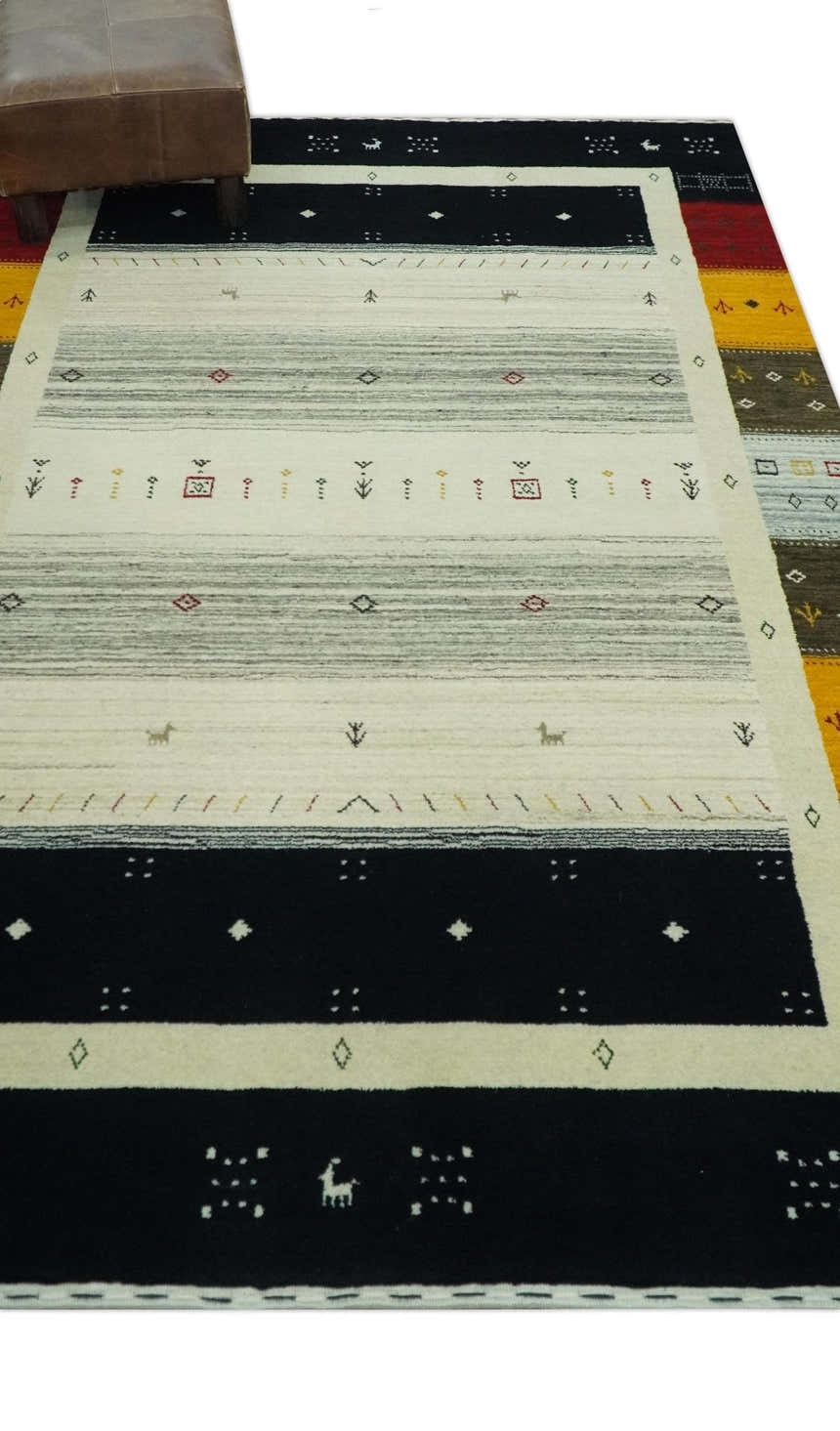 Custom Made Tribal Gabbeh Ivory, Black, Gold and Maroon Stripes design Traditional Wool Area Rug