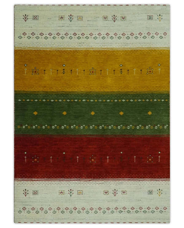 Custom Made Tribal Gabbeh Ivory, Gold, Green and Maroon Geometrical Stripes Design Wool area Rug