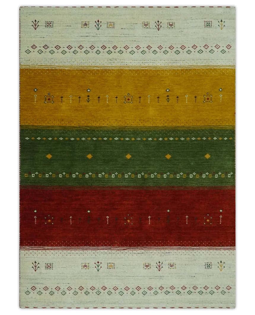 Custom Made Tribal Gabbeh Ivory, Gold, Green and Maroon Geometrical Stripes Design Wool area Rug