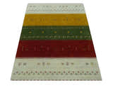 Custom Made Tribal Gabbeh Ivory, Gold, Green and Maroon Geometrical Stripes Design Wool area Rug