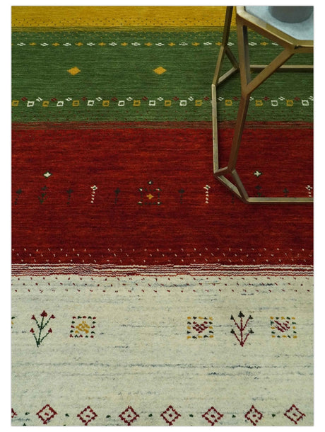 Custom Made Tribal Gabbeh Ivory, Gold, Green and Maroon Geometrical Stripes Design Wool area Rug