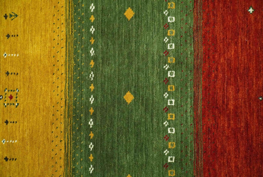 Custom Made Tribal Gabbeh Ivory, Gold, Green and Maroon Geometrical Stripes Design Wool area Rug