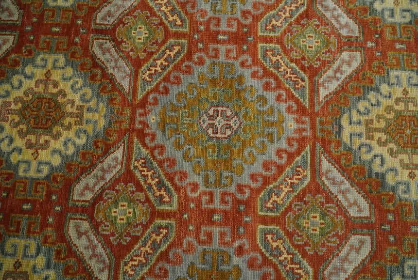 Custom Made Tribal Motifs Hand Knotted Rust, Gold and Blue Oriental Traditional Wool Area Rug