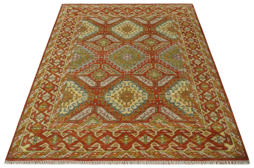 Custom Made Tribal Motifs Hand Knotted Rust, Gold and Blue Oriental Traditional Wool Area Rug