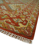 Custom Made Tribal Motifs Hand Knotted Rust, Gold and Blue Oriental Traditional Wool Area Rug