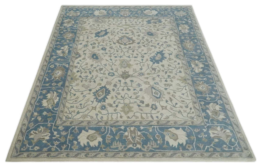 Custom Made Tufted Beige and Blue Traditional Wool Oushak Rug