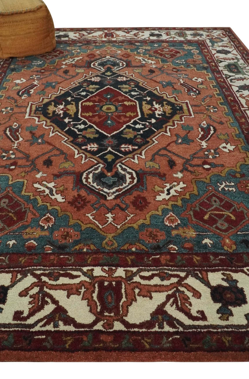 Custom Made Vintage Style Black, Rust, Teal and Ivory Hand Tufted Traditional wool Area Rug