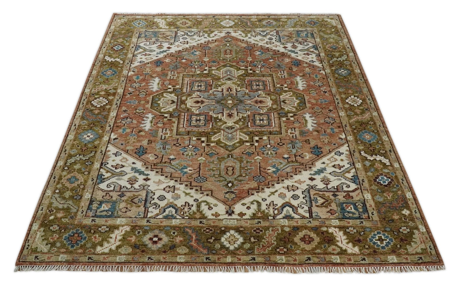 Custom Made Vintage Style Olive, Rust and Ivory Hand knotted Traditional wool Area Rug