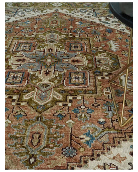 Custom Made Vintage Style Olive, Rust and Ivory Hand knotted Traditional wool Area Rug