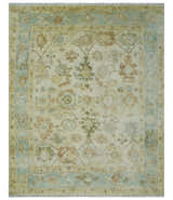 Custom Made Antique Finish Hand Knotted Beige and Silver Multi Size Oushak Wool Area Rug