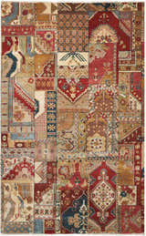 Detailed patchwork design of the Nourison Legend Multicolor Persian rug, handmade wool, rectangle shape.