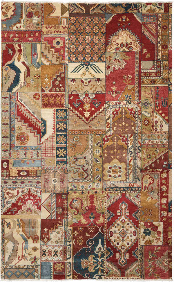 Detailed patchwork design of the Nourison Legend Multicolor Persian rug, handmade wool, rectangle shape.