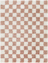 Close-up of Bilshivtsi Area Rug, a contemporary rug with a pink and white checkerboard pattern and a soft, textured pile. Design-Rectangle