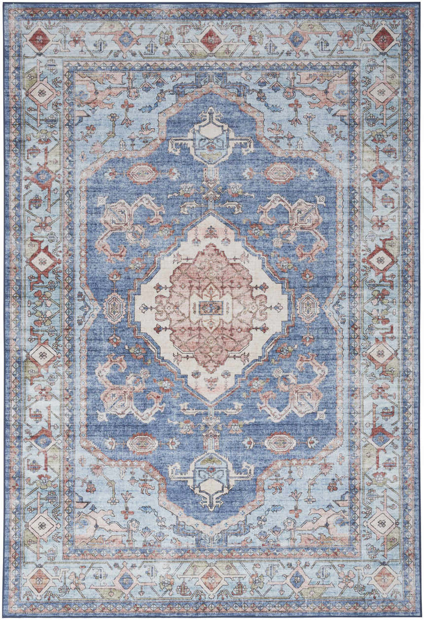 Nourison Fulton Blue Vintage Area Rug with a faded traditional pattern in light blue, red, and cream colors.